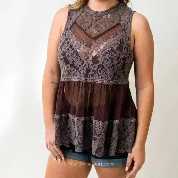 Free People Plum Sheer Needle Lace Sleeveless Tank Blouse - Picture 5 of 6
